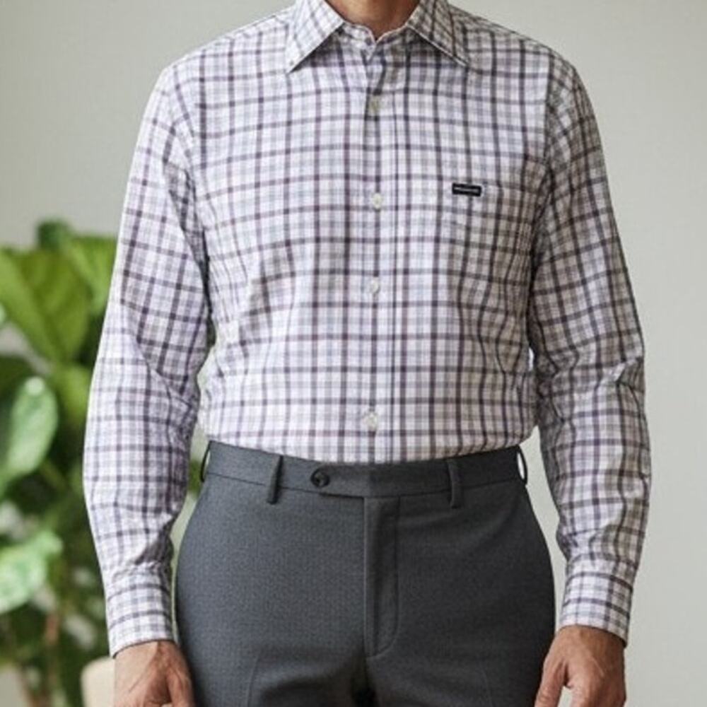 FACONNABLE Dress Shirt Purple Check Men L Collar stays Long Sleeve Vintage